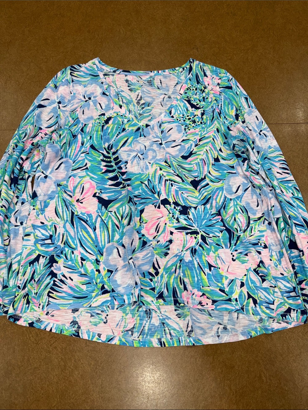 Lilly Pulitzer Etta Long Sleeve Bermudaful Blue Pink Green Floral V-Neck Top